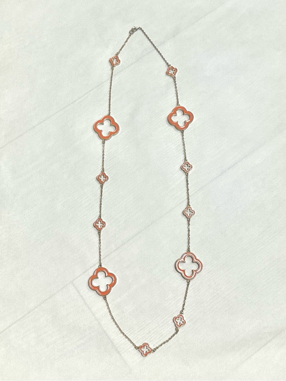 Silver Orange Enamel Clover Pendant Necklace